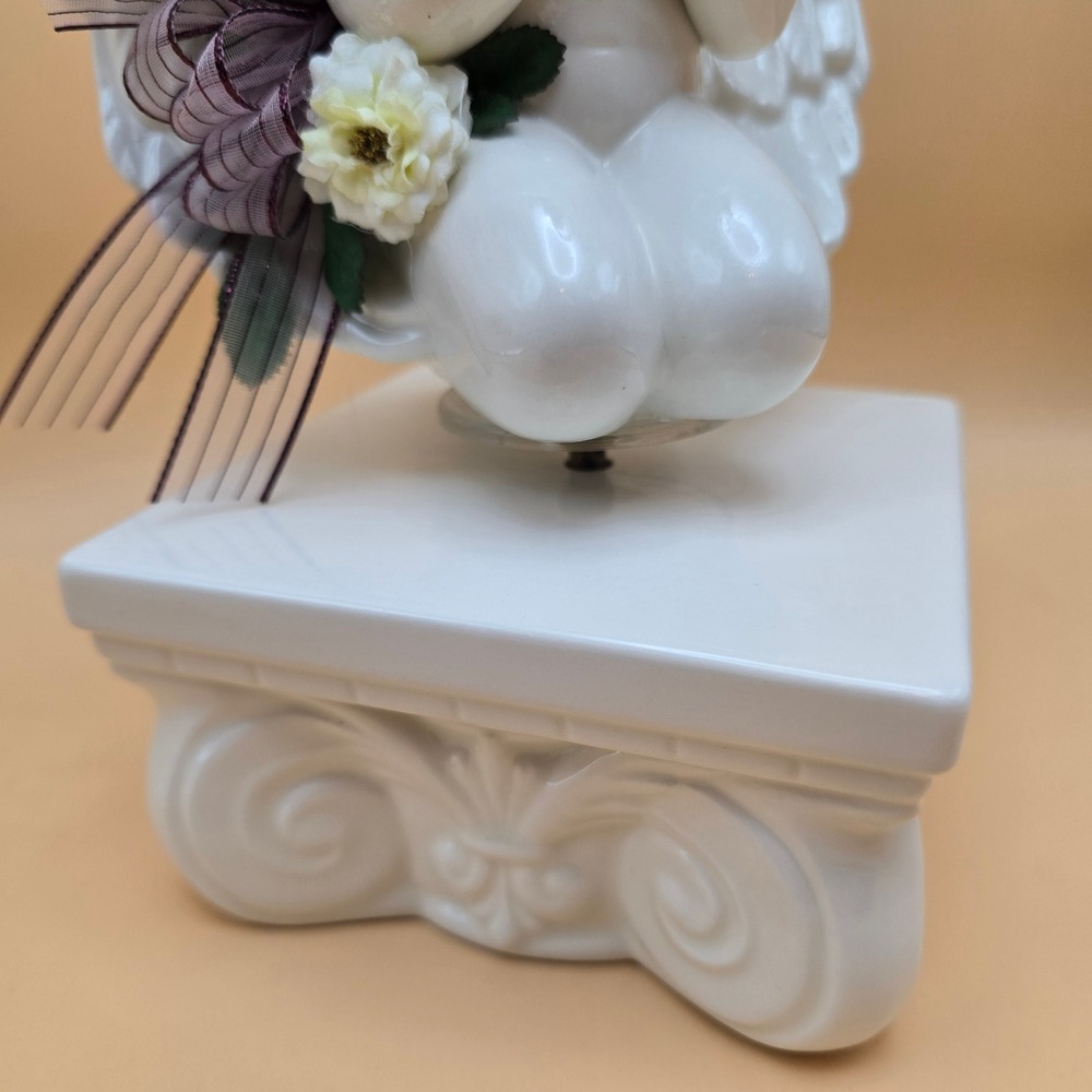 Vintage White Ceramic Rotating Cherub Angel Figurine on Pedestal with Flowers - Picture 13 of 16